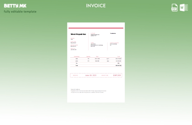 Модерен стил Шаблон за фактура на Обединетото Кралство West Repair Inc